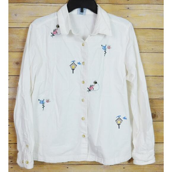 Vintage Cascade Blues Shirt Large White Embroidered Flowers Butterflies - Picture 1 of 9